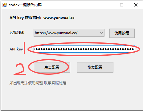Codex 一键配置工具中粘贴 API key 并点击配置